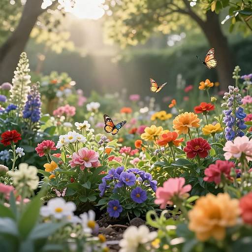 Photograph of a vibrant garden filled with colorful flowers, including red, pink, yellow, and blue blooms, under sunlight, with two orange and black