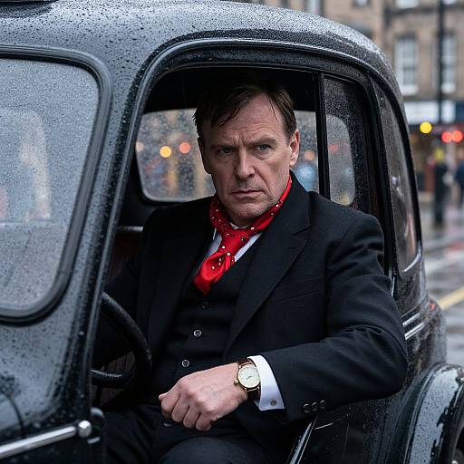 Photograph of a serious-looking man in a black suit with a red bandana, sitting in a rain-splattered black vintage car.