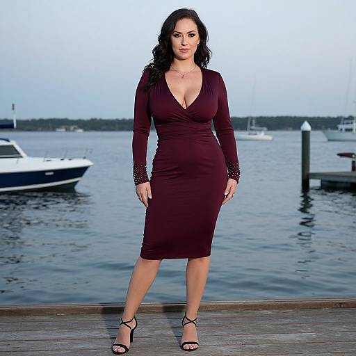 Photograph of a curvy woman with dark hair in a deep burgundy, long-sleeve, V-neck dress and black heels, standing on