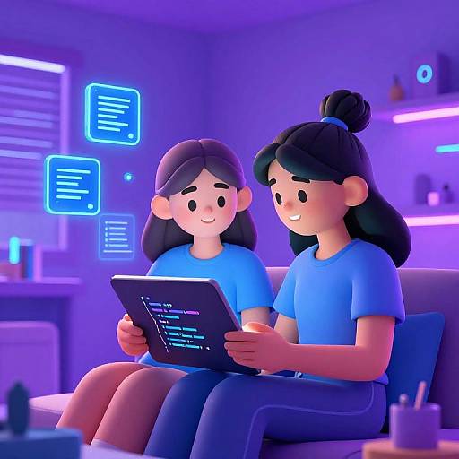 Digital 3D cartoon image of two girls with black hair in blue shirts, sitting on a couch, using a tablet in a neon-lit room
