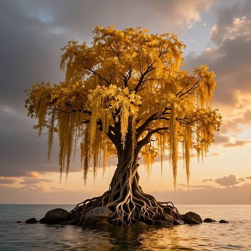 Photorealistic digital artwork of a golden-yellow, weeping willow tree with intricate roots standing on a rock in calm water at sunset, with a