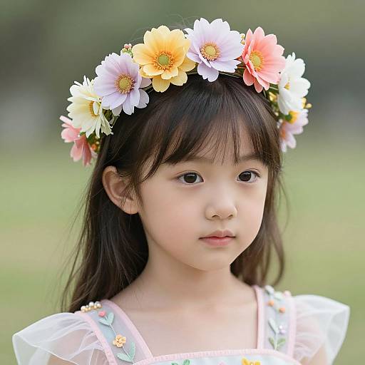 Photograph of an Asian girl with straight black hair, wearing a floral crown of white, yellow, and pink flowers, and a white dress, standing