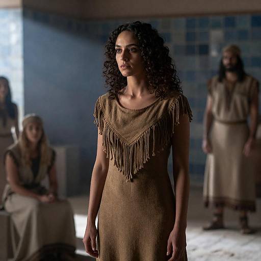 Woman in Ancient-Style Brown Fringed Dress