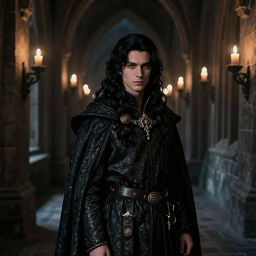 Photograph of a young man with long, dark curly hair, wearing a detailed black medieval robe, standing in a dimly lit, Gothic-style hallway