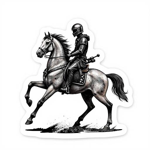 Black-and-white digital illustration of a knight in armor riding a galloping horse, both in dynamic side profile, with detailed textures and sharp contrasts.
