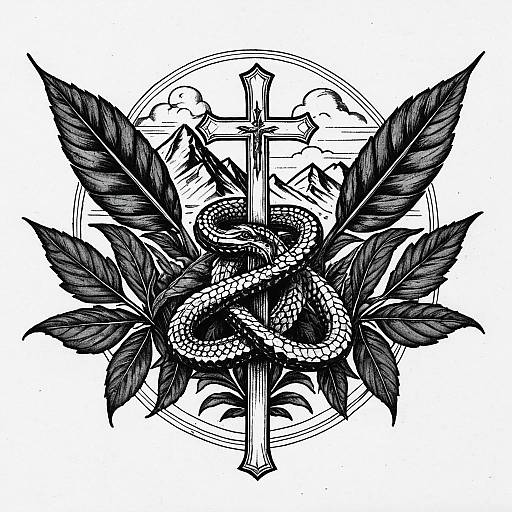 Tattoo Sketch of Serpent, Tobacco Leaves, Cross and Mountains