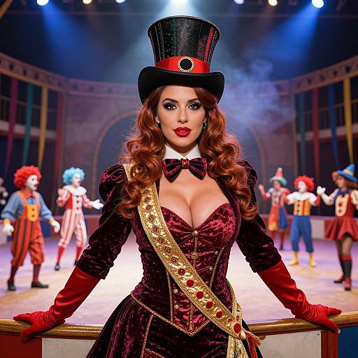 Photograph of a red-haired woman with large breasts in a Victorian-style, red velvet dress and black top hat, standing on a circus stage surrounded by