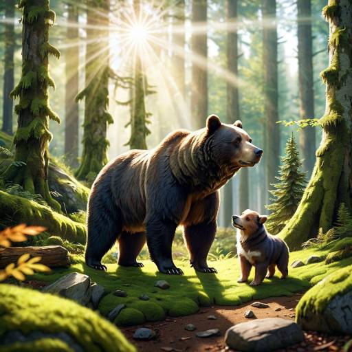 Bear and Puppy in Sunlit Forest