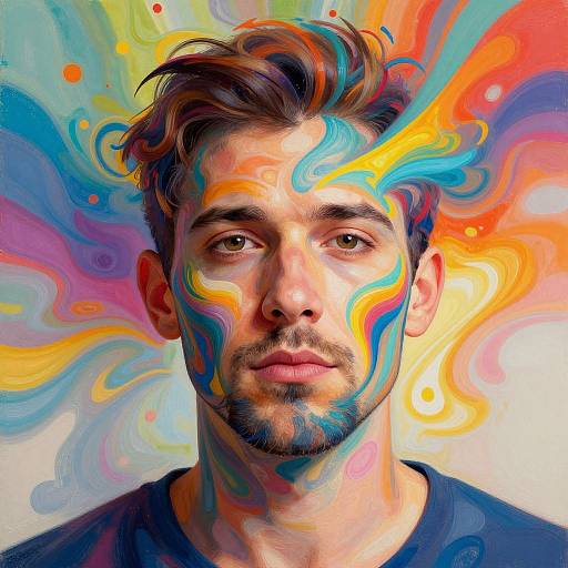 Digital painting of a bearded man with colorful, swirling paint on his face and hair, set against a vibrant, abstract background.