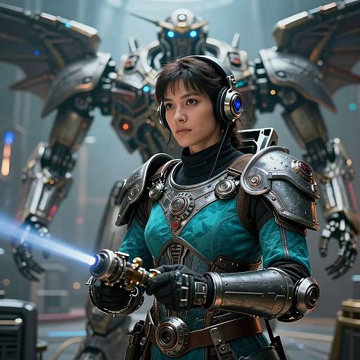 CGI image of an Asian woman with short black hair, wearing futuristic blue armor and headphones, holding a glowing blue weapon, standing in front of a