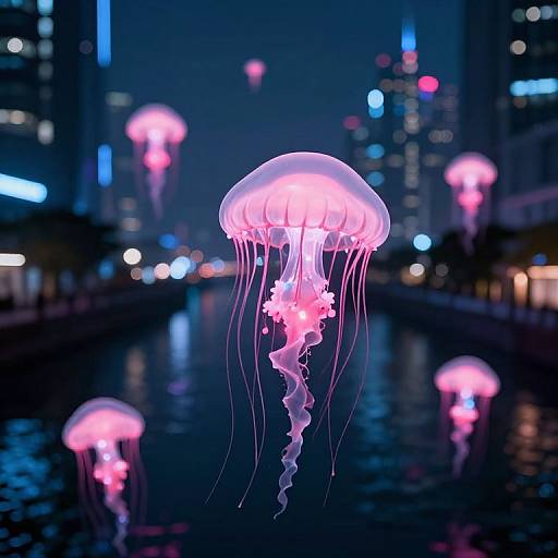 Photograph of glowing pink jellyfish in a dark, neon-lit city waterway at night, with blurred skyscrapers and city lights in the