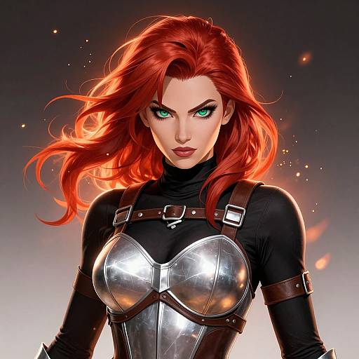 Digital illustration of a fierce, red-haired woman with glowing green eyes, wearing a black leather and silver armor bodysuit, set against a dark,