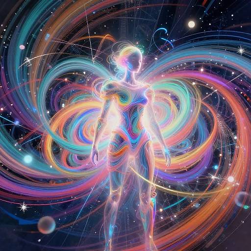 Digital art of a glowing, ethereal figure with colorful, swirling, cosmic trails in a starry, space-like background. Dynamic, vibrant, and