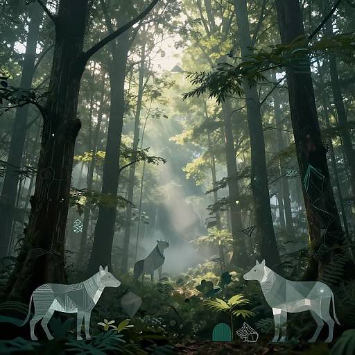 Digital art: Sunlit forest with three geometrically patterned deer; one in the background, two in the foreground, surrounded by dense trees and fern