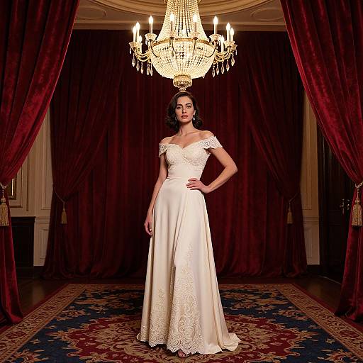 Photograph of a pregnant woman in an off-shoulder, lace-trimmed white wedding gown, standing in an opulent room with a grand