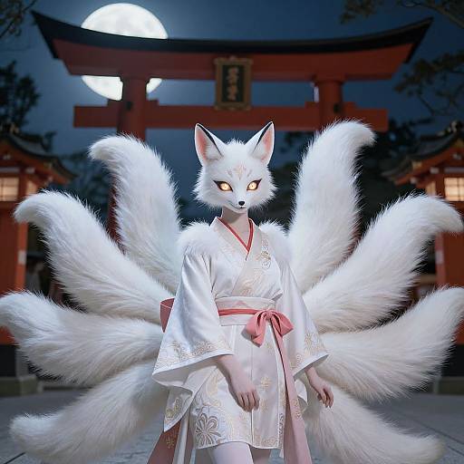 Digital illustration of a white fox kitsune with nine fluffy tails, wearing a white kimono with pink sash, standing in front of a traditional Japanese
