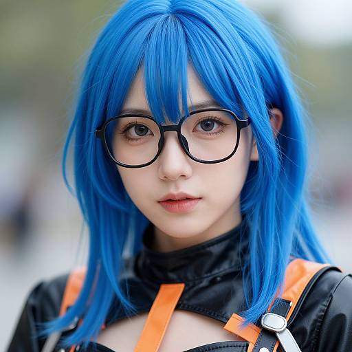 Photograph of an Asian woman with vibrant blue cosplay hair, black glasses, and orange straps over a black top, standing outdoors.