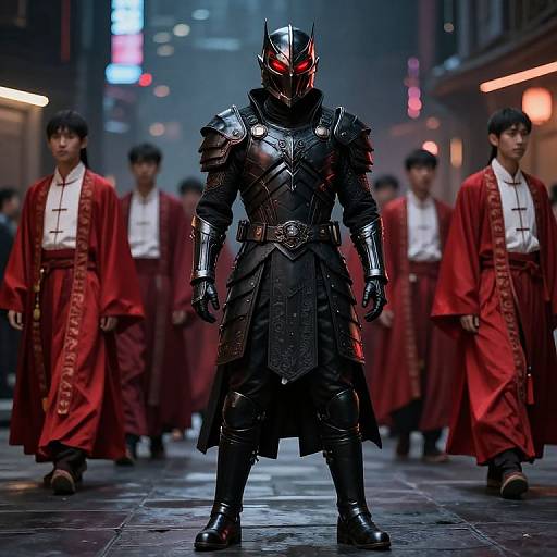 Futuristic Armored Mannequin with Red-Robed Figures