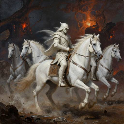 Digital painting of a armored knight in white helmet and armor riding three galloping white horses through a dark, fiery, smoky landscape.