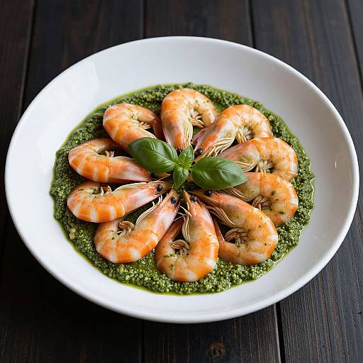 Photograph of a white plate with a circular arrangement of pink shrimp on a green herb bed, garnished with fresh basil leaves, set on a dark
