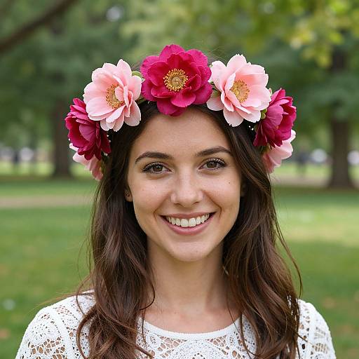 Photograph of a smiling woman with long brown hair, wearing a white lace top and a colorful flower crown with pink and red flowers, in a green