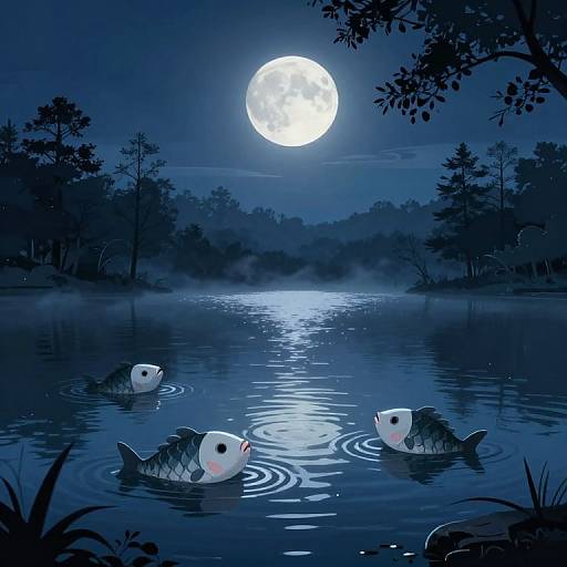 Ethereal Moonlit Lake with Masked Fish