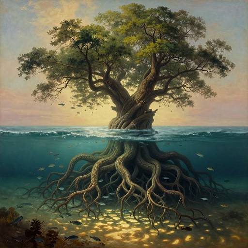 Fantastical painting of a tree with sprawling roots emerging from the ocean, surrounded by fish, sunlight filtering through leaves, and glowing underwater lights.