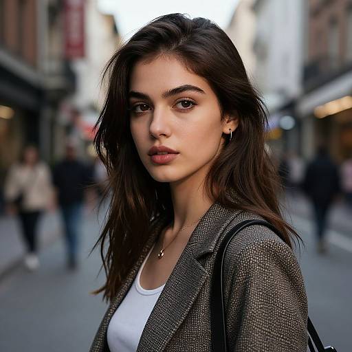 Photograph of a young woman with long dark hair, wearing a gray textured blazer over a white top, standing in a blurred urban street with pedestrians