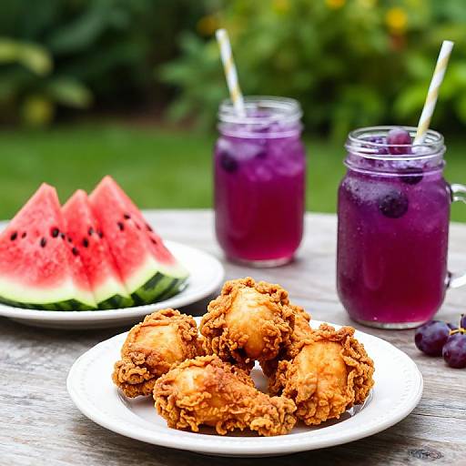 Photograph of juicy fried chicken pieces on a white plate, watermelon slices, and two purple smoothies with straws on a wooden table.