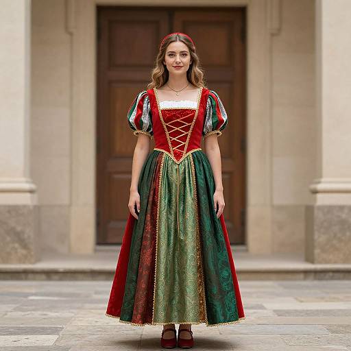 Photograph of a woman in a traditional German Renaissance-style dress with red velvet bodice, green skirt, and striped puffed sleeves, standing in front