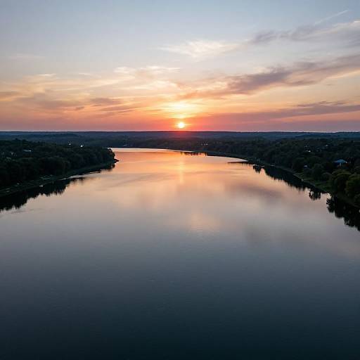 Photograph of a serene river reflecting a vibrant sunset with orange, pink, and purple sky, bordered by dark silhouetted trees.