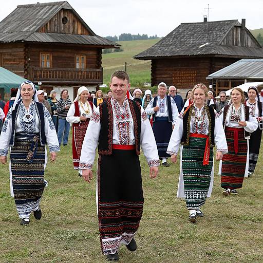 Photograph of traditional Eastern European folk dancers in black, white, and red embroidered outfits, walking in a grassy field with wooden houses in the background