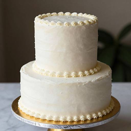 Photograph of a two-tiered white wedding cake with piped buttercream accents on top and bottom, set on a gold-trimmed silver cake