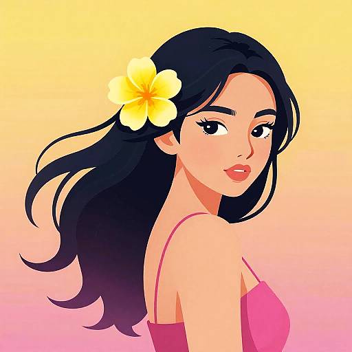 Digital illustration of a beautiful Asian woman with long black hair, yellow flower in hair, pink strap top, pink lips, looking back, against gradient yellow