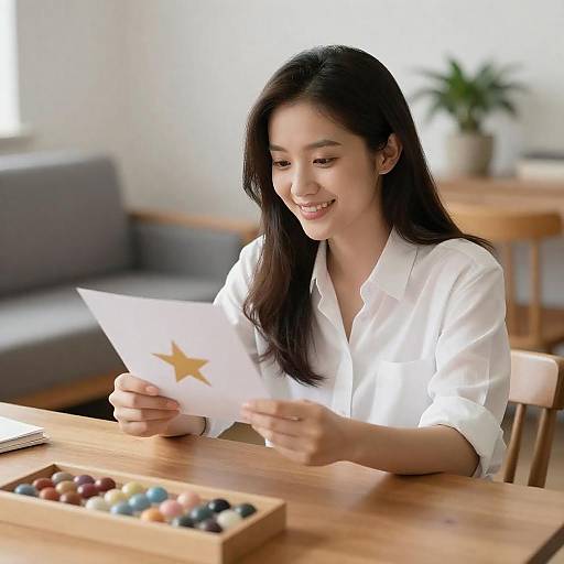 Smiling Woman Holding Starred Letter at Table