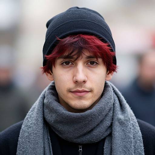 Photograph of a young man with red hair, fair skin, wearing a black beanie, gray scarf, and black coat, standing outdoors with a