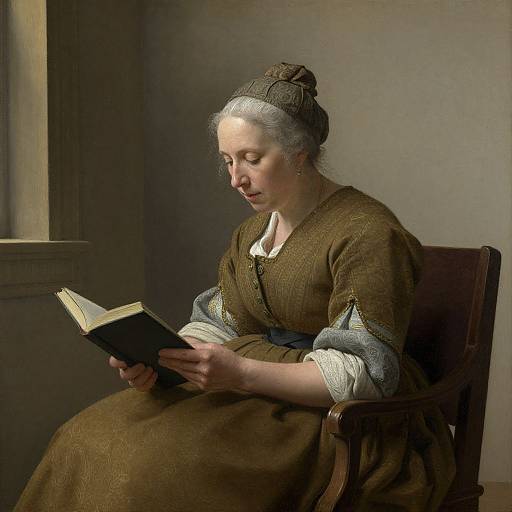 Baroque painting of a white woman with gray hair, wearing a brown dress and headscarf, reading a book in a dimly lit room.