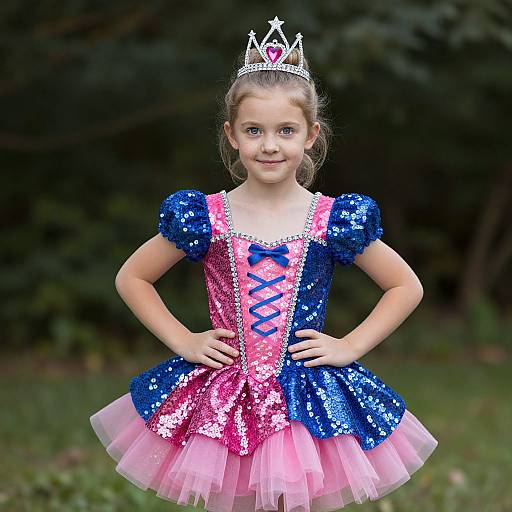Photograph of a young girl with light brown hair, wearing a sparkling blue and pink sequin dress, pink tulle skirt, blue lace-up bod