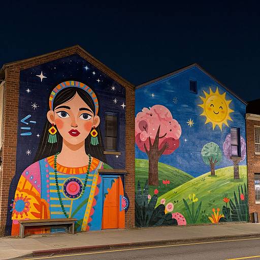 Vibrant mural of a colorful, traditional Mexican woman with large earrings and intricate blouse, next to a sunny, floral landscape on a brick building.