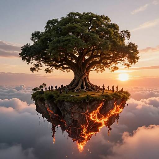 Digital art of a massive, twisted tree island with silhouetted figures, surrounded by clouds, and glowing cracks beneath, set at sunset.