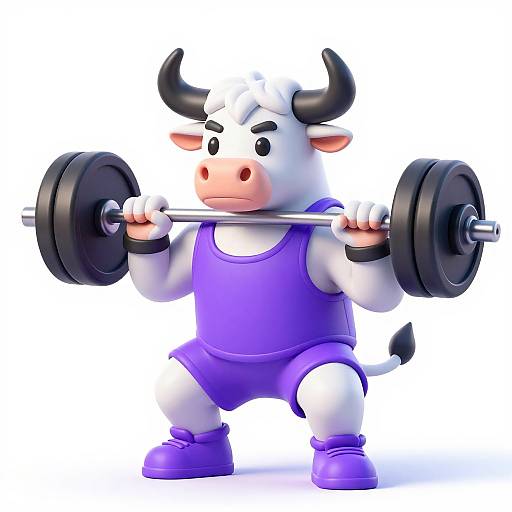 CGI cartoon of a white, horned bull with black horns lifting a weight bar in a purple tank top and shorts.