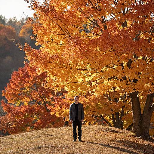 Photograph of an elderly man in a black jacket walking through a sunlit autumn forest with vibrant orange and red leaves.
