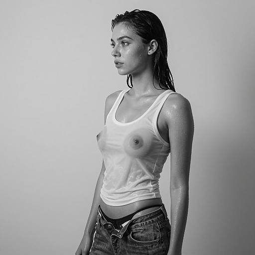 Wet woman in white tank top and jeans