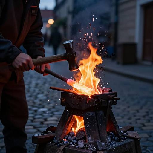 Blacksmith Hammering Molten Iron at Dusk