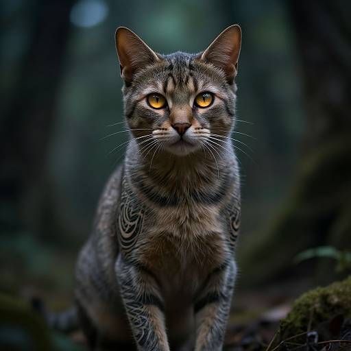 Photograph of a tabby cat with striking yellow eyes, standing in a dark, blurred forest. The cat's fur is detailed with dark stripes,