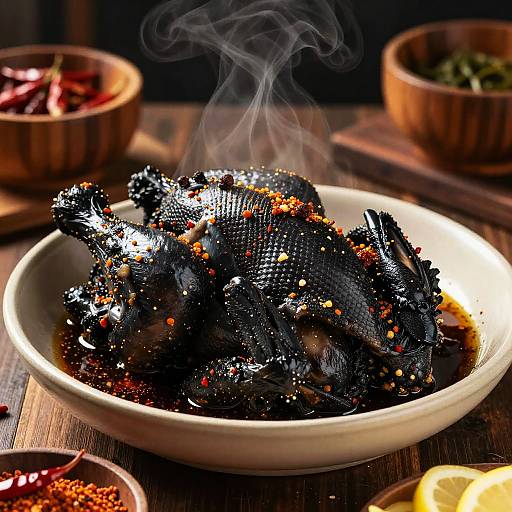 Photograph of crispy, black fried dragon chicken steaming on a white plate, with red chili flakes, lemon slices, and bowls of garnishes in