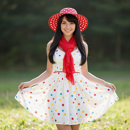 Young Asian woman with long black hair, wearing a red polka-dot hat, red scarf, and white polka-dot dress, smiling outdoors.