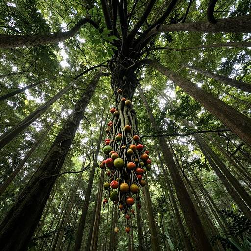 Photograph of a tall tree in a dense forest, with colorful fruits hanging from its trunk, viewed from a low, upward angle. Sunlight filters