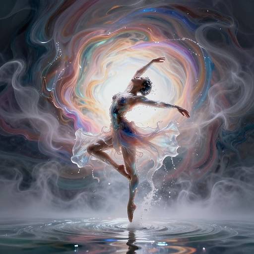 Digital art of a dancing, silhouetted female figure with colorful, swirling light and smoke, standing on water, radiating bright light.