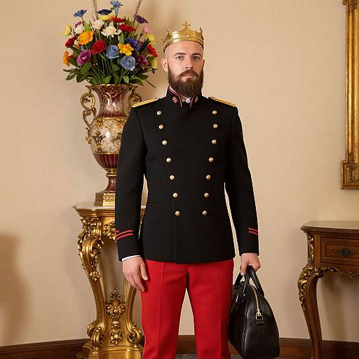 Photograph of bearded man with crown, black double-breasted military jacket, red pants, holding black bag, standing in ornate room with gold